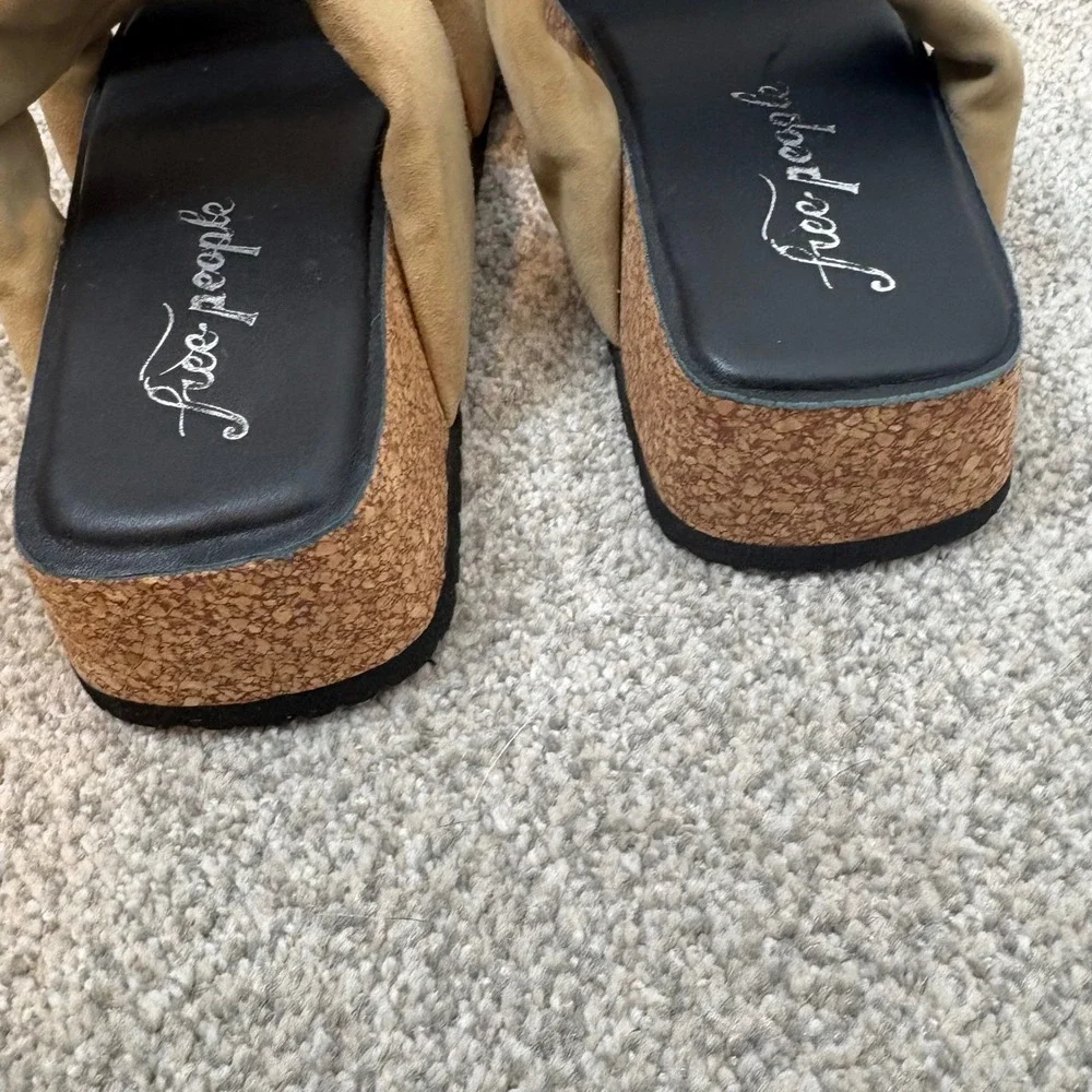 NWOT Free People Fairmount Flared Tan Suede Platform Slide Sandals Boho  38 7.5